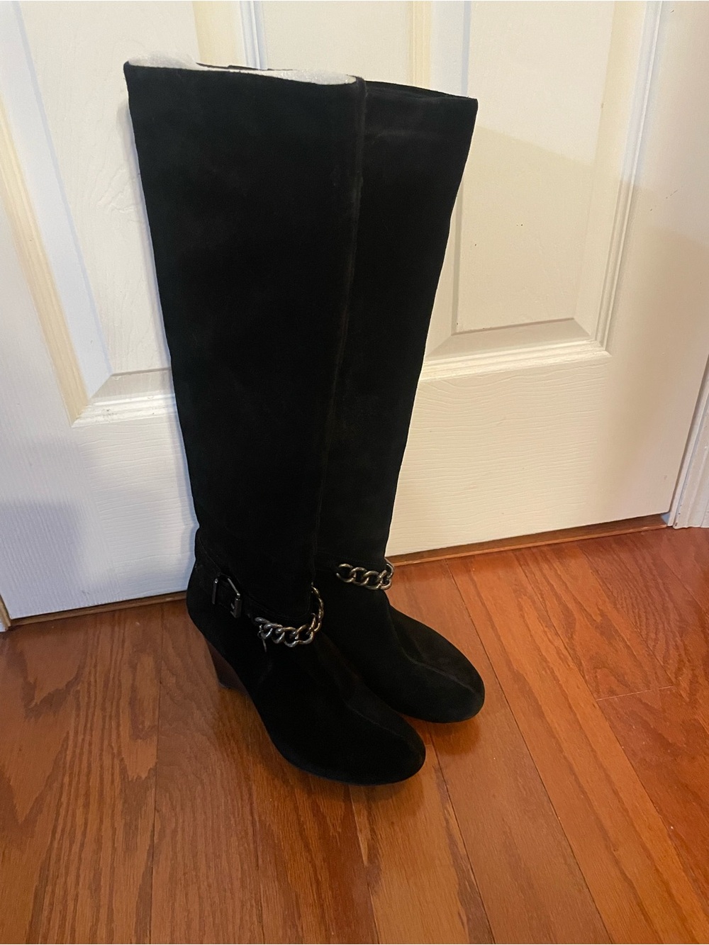 BCBG Black Suede Knee-High Tall Boots with Chain Accent